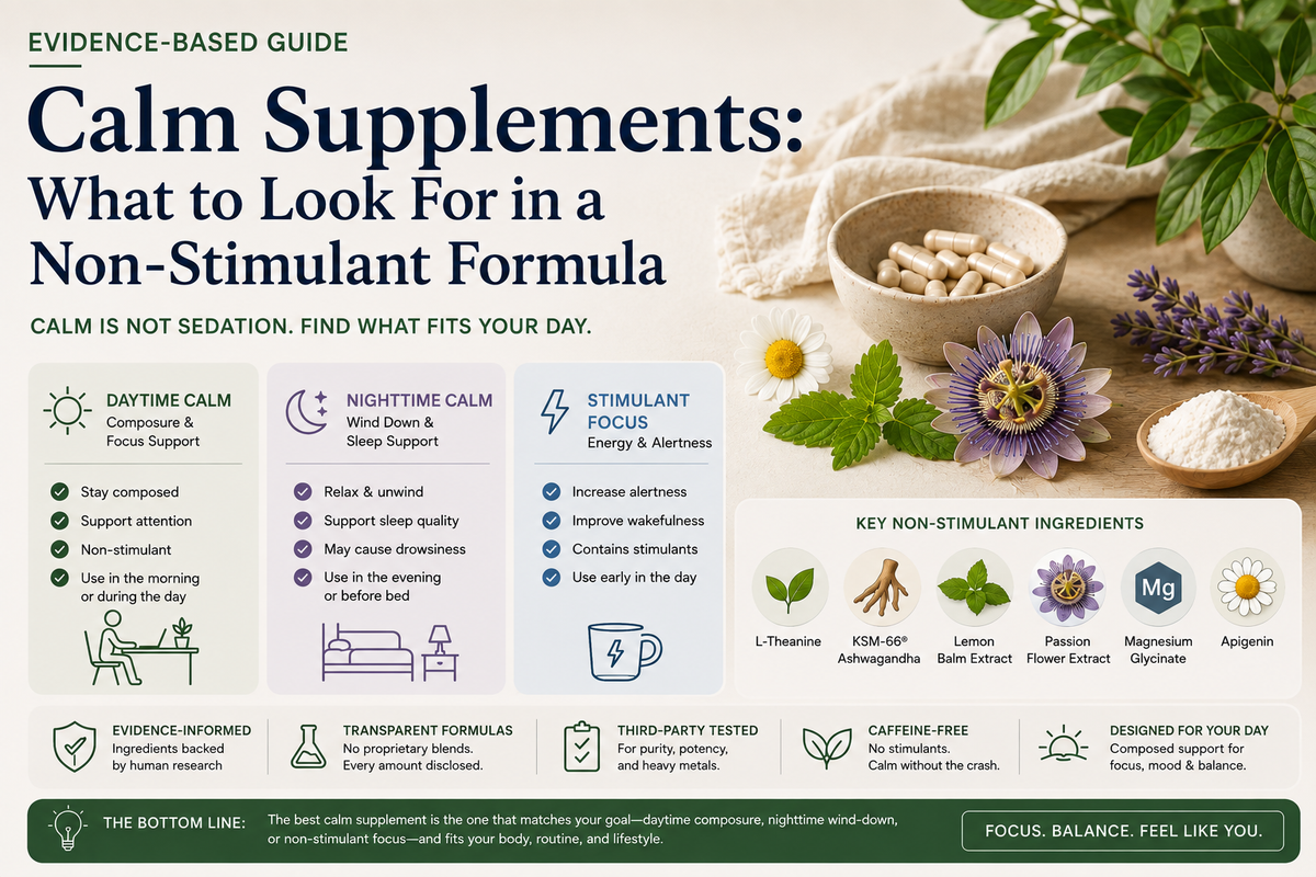 Guide comparing daytime calm supplements, sleep formulas, and non-stimulant ingredients